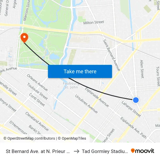 St Bernard Ave. at N. Prieur St. to Tad Gormley Stadium map