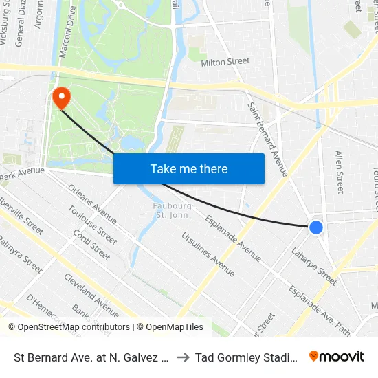 St Bernard Ave. at N. Galvez St. to Tad Gormley Stadium map