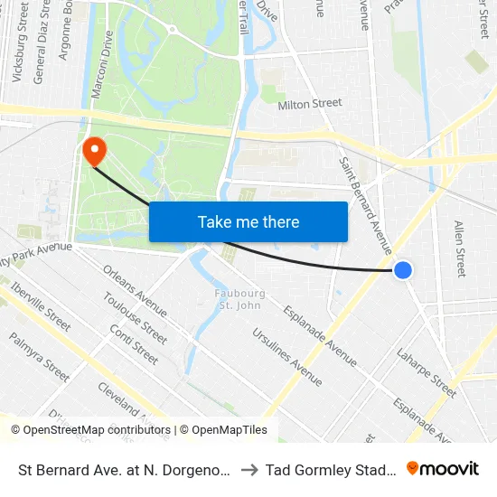 St Bernard Ave. at N. Dorgenois St. to Tad Gormley Stadium map