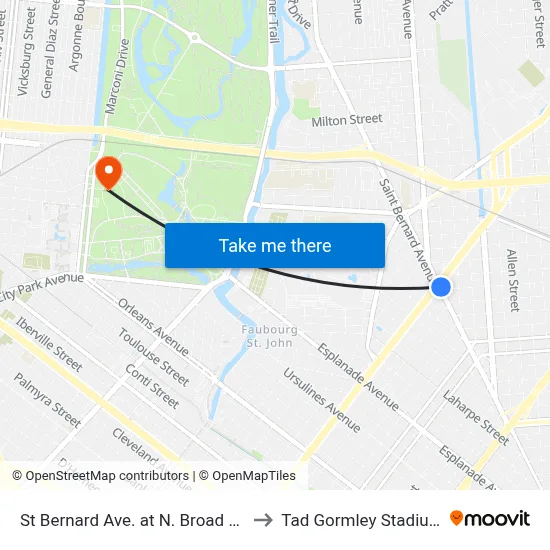St Bernard Ave. at N. Broad St. to Tad Gormley Stadium map