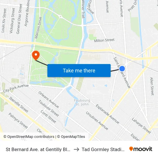 St Bernard Ave. at Gentilly Blvd. to Tad Gormley Stadium map