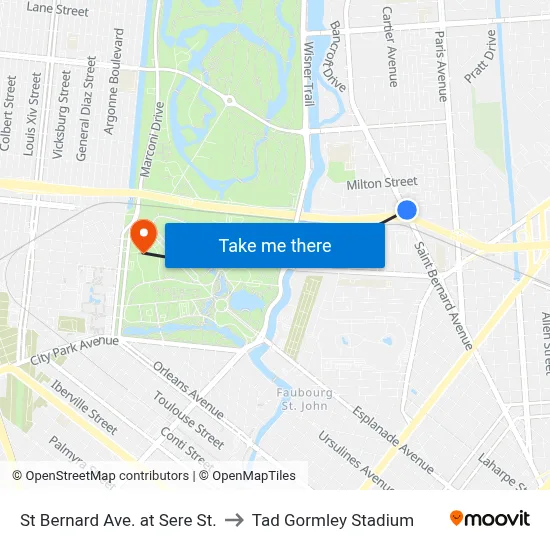 St Bernard Ave. at Sere St. to Tad Gormley Stadium map