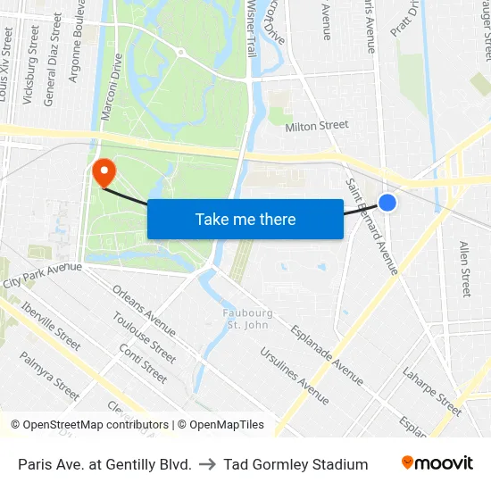 Paris Ave. at Gentilly Blvd. to Tad Gormley Stadium map