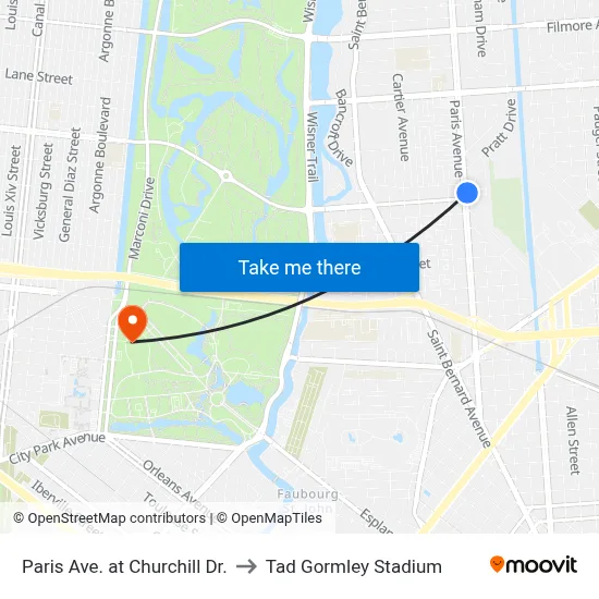 Paris Ave. at Churchill Dr. to Tad Gormley Stadium map
