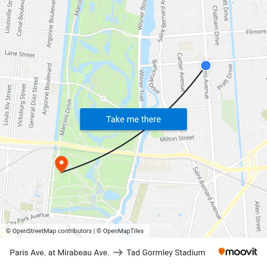 Paris Ave. at Mirabeau Ave. to Tad Gormley Stadium map