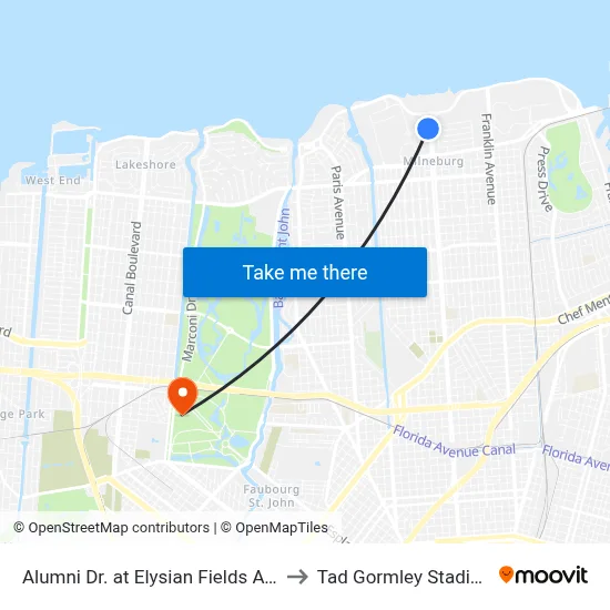 Alumni Dr. at Elysian Fields Ave. to Tad Gormley Stadium map