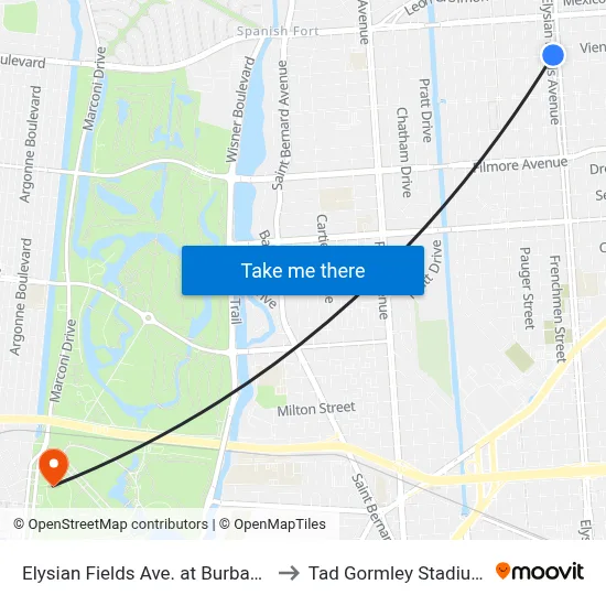 Elysian Fields Ave. at Burbank to Tad Gormley Stadium map