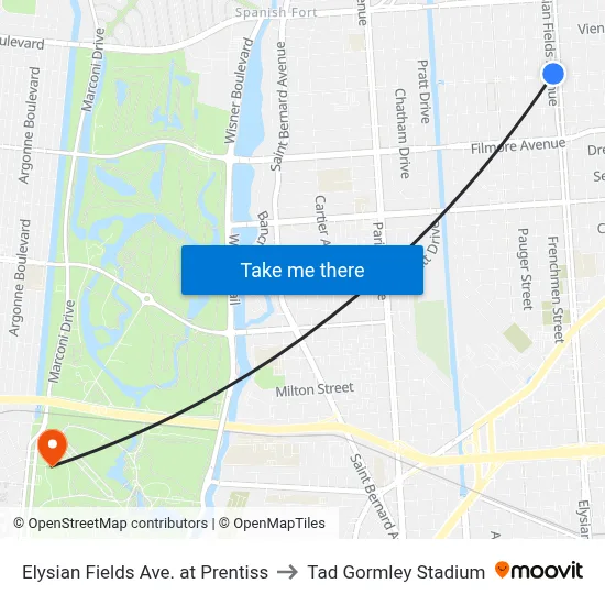 Elysian Fields Ave. at Prentiss to Tad Gormley Stadium map
