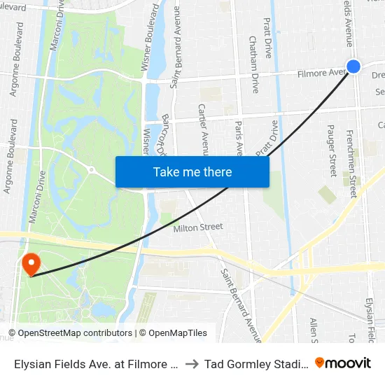 Elysian Fields Ave. at Filmore Ave. to Tad Gormley Stadium map