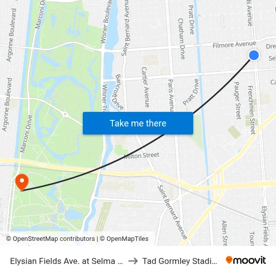 Elysian Fields Ave. at Selma St. to Tad Gormley Stadium map