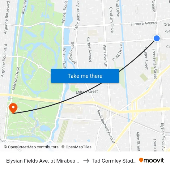 Elysian Fields Ave. at Mirabeau Ave. to Tad Gormley Stadium map