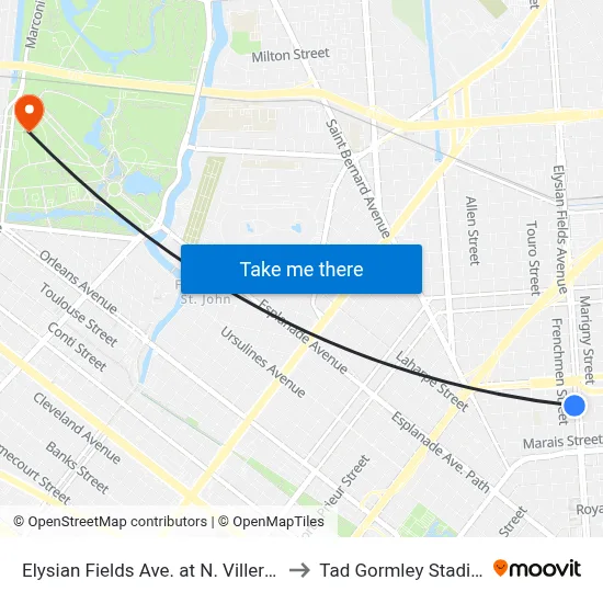 Elysian Fields Ave. at N. Villere St. to Tad Gormley Stadium map