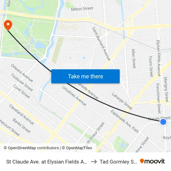 St Claude Ave. at Elysian Fields Ave. (Nearside) to Tad Gormley Stadium map