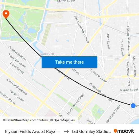 Elysian Fields Ave. at Royal St. to Tad Gormley Stadium map