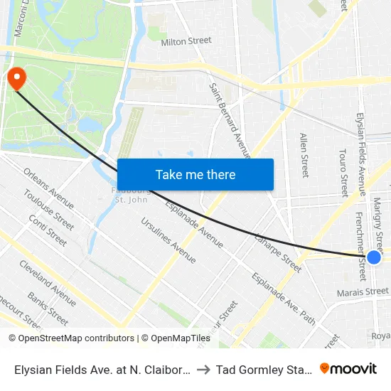 Elysian Fields Ave. at N. Claiborne Ave. to Tad Gormley Stadium map
