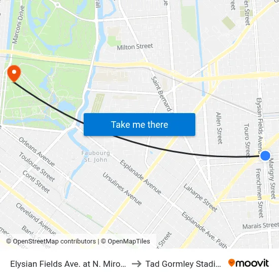 Elysian Fields Ave. at N. Miro St. to Tad Gormley Stadium map
