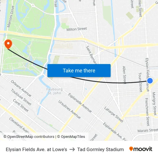 Elysian Fields Ave. at Lowe's to Tad Gormley Stadium map