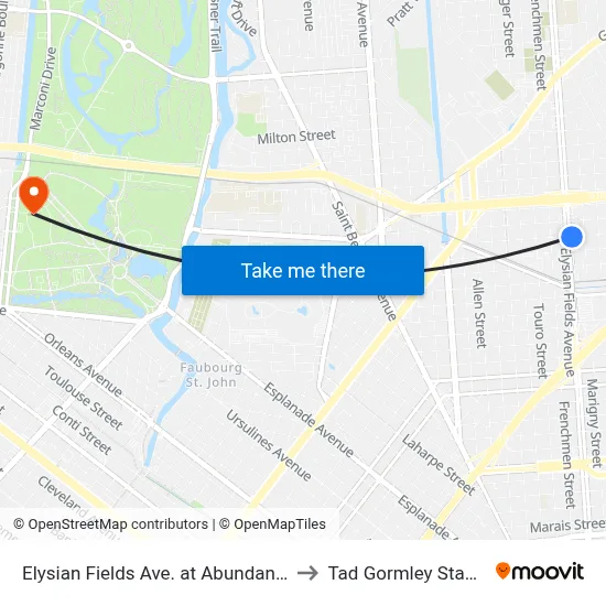 Elysian Fields Ave. at Abundance St. to Tad Gormley Stadium map