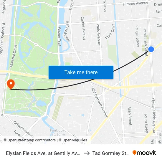 Elysian Fields Ave. at Gentilly Ave. (Farside) to Tad Gormley Stadium map