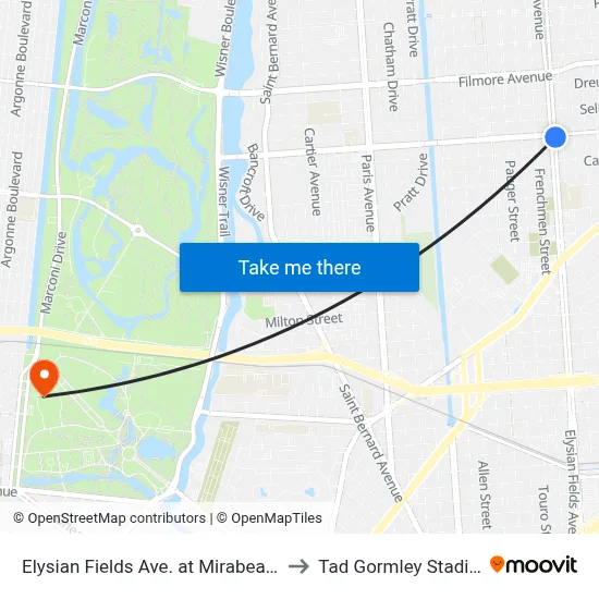 Elysian Fields Ave. at Mirabeau St. to Tad Gormley Stadium map