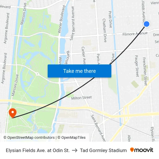 Elysian Fields Ave. at Odin St. to Tad Gormley Stadium map