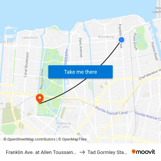 Franklin Ave. at Allen Toussaint Blvd. to Tad Gormley Stadium map
