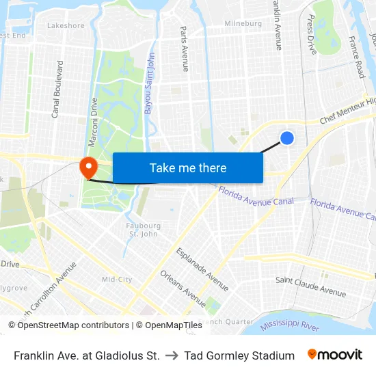 Franklin Ave. at Gladiolus St. to Tad Gormley Stadium map