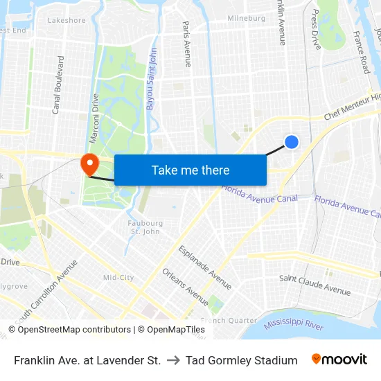 Franklin Ave. at Lavender St. to Tad Gormley Stadium map