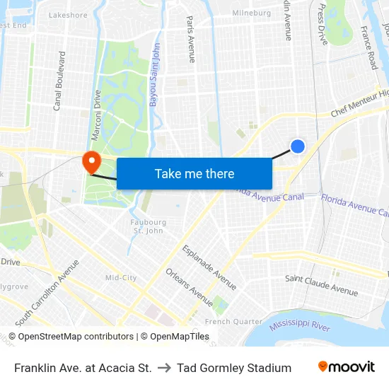 Franklin Ave. at Acacia St. to Tad Gormley Stadium map