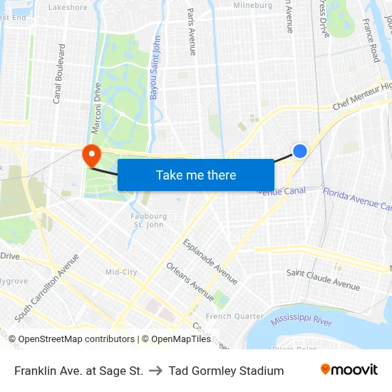 Franklin Ave. at Sage St. to Tad Gormley Stadium map