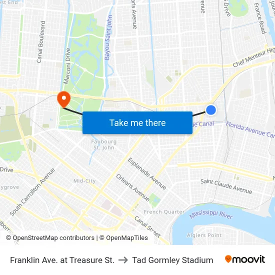 Franklin Ave. at Treasure St. to Tad Gormley Stadium map