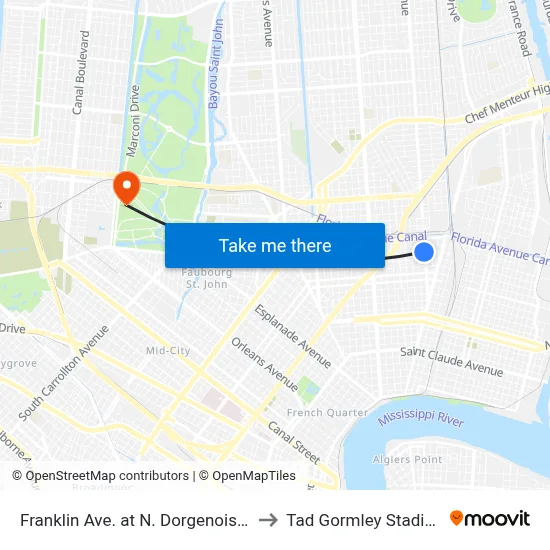Franklin Ave. at N. Dorgenois St. to Tad Gormley Stadium map