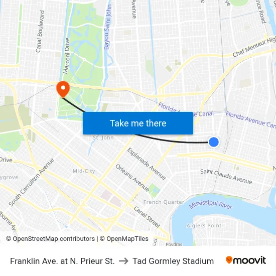 Franklin Ave. at N. Prieur St. to Tad Gormley Stadium map