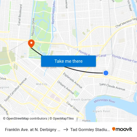 Franklin Ave. at N. Derbigny St. to Tad Gormley Stadium map