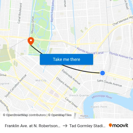 Franklin Ave. at N. Robertson St. to Tad Gormley Stadium map