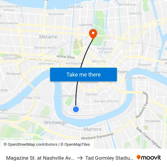 Magazine St. at Nashville Ave. to Tad Gormley Stadium map