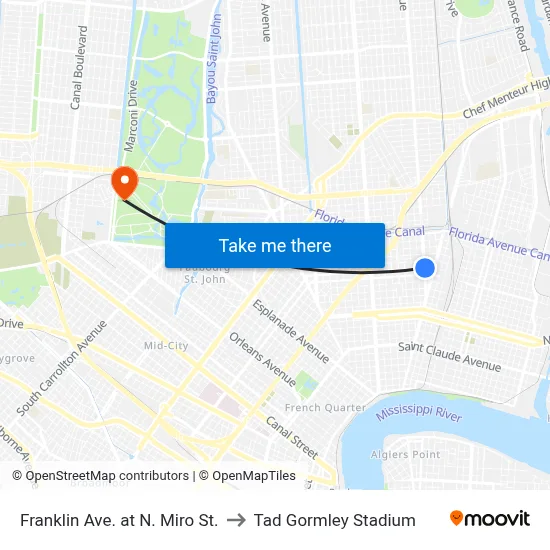 Franklin Ave. at N. Miro St. to Tad Gormley Stadium map