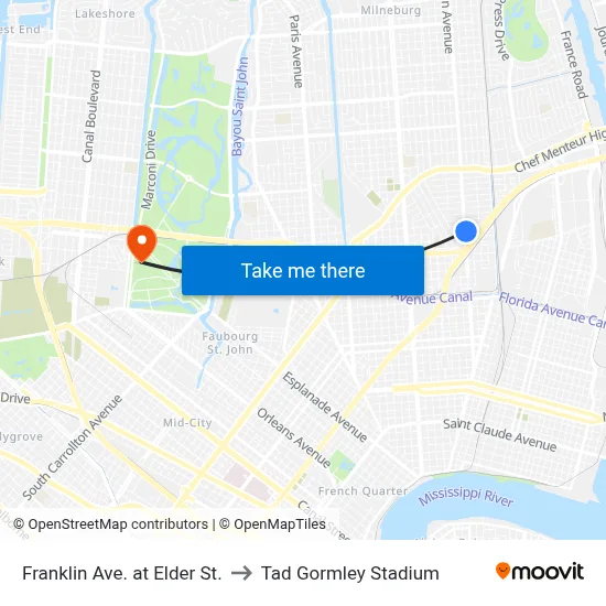 Franklin Ave. at Elder St. to Tad Gormley Stadium map