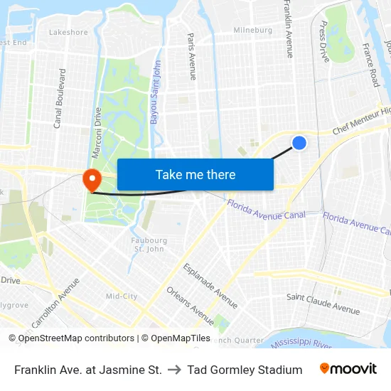 Franklin Ave. at Jasmine St. to Tad Gormley Stadium map