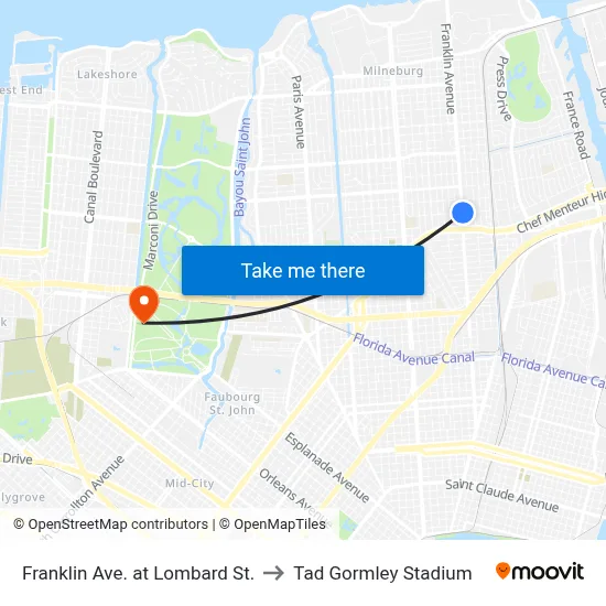 Franklin Ave. at Lombard St. to Tad Gormley Stadium map