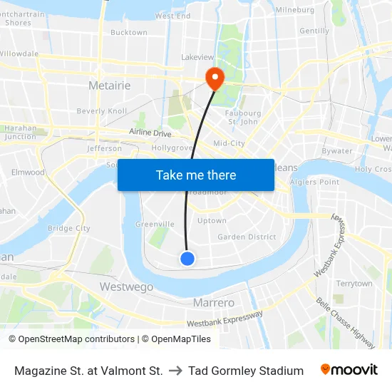 Magazine St. at Valmont St. to Tad Gormley Stadium map