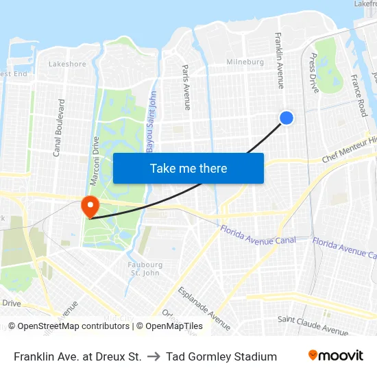 Franklin Ave. at Dreux St. to Tad Gormley Stadium map
