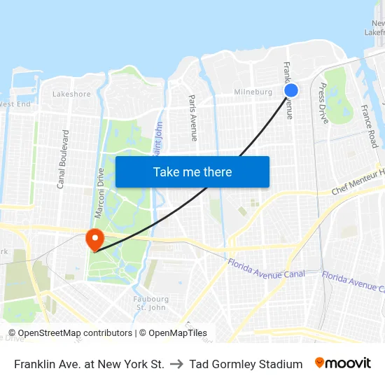 Franklin Ave. at New York St. to Tad Gormley Stadium map
