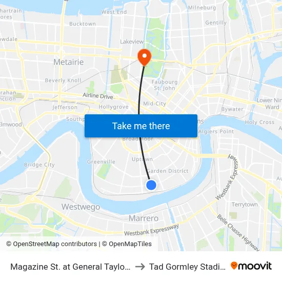 Magazine St. at General Taylor St. to Tad Gormley Stadium map