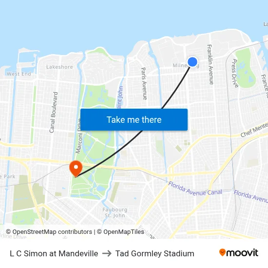 L C Simon at Mandeville to Tad Gormley Stadium map