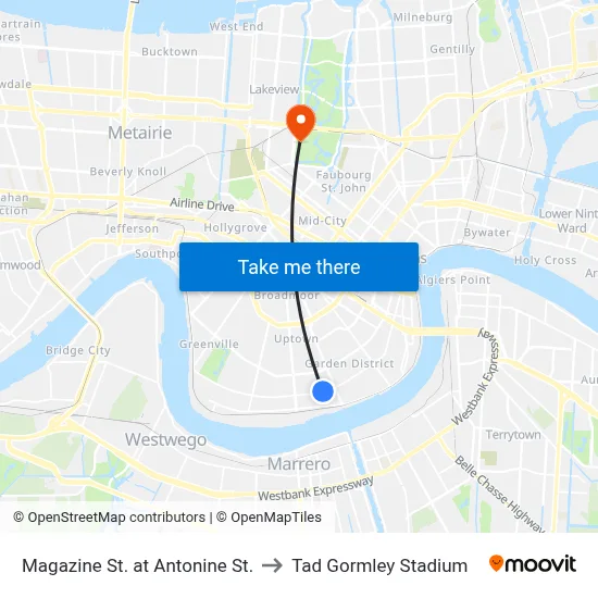 Magazine St. at Antonine St. to Tad Gormley Stadium map