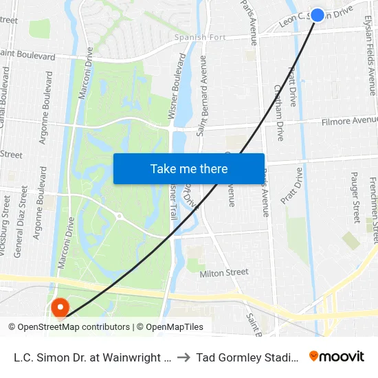L.C. Simon Dr. at Wainwright Dr. to Tad Gormley Stadium map