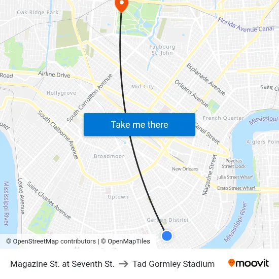 Magazine St. at Seventh St. to Tad Gormley Stadium map