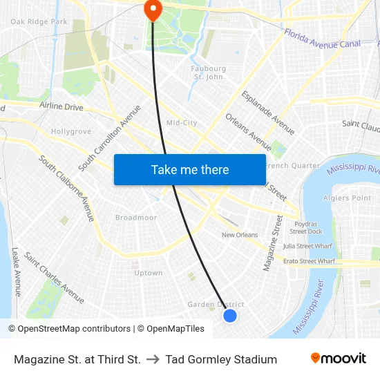 Magazine St. at Third St. to Tad Gormley Stadium map