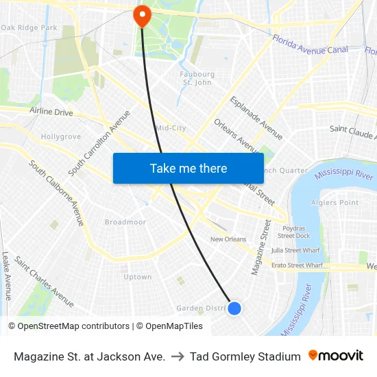 Magazine St. at Jackson Ave. to Tad Gormley Stadium map